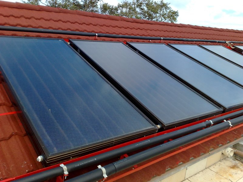 Solar thermal panels installed on a tiled roof